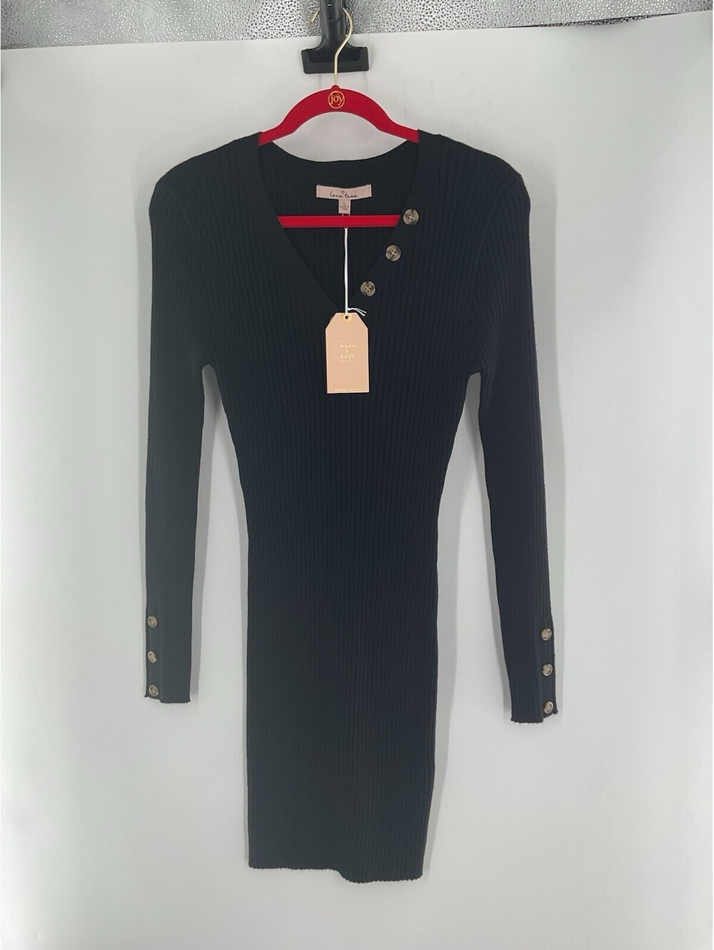 Love Tree Women’s Size Large Body Con Sweater Dress V-Neck Ribbed Black 138